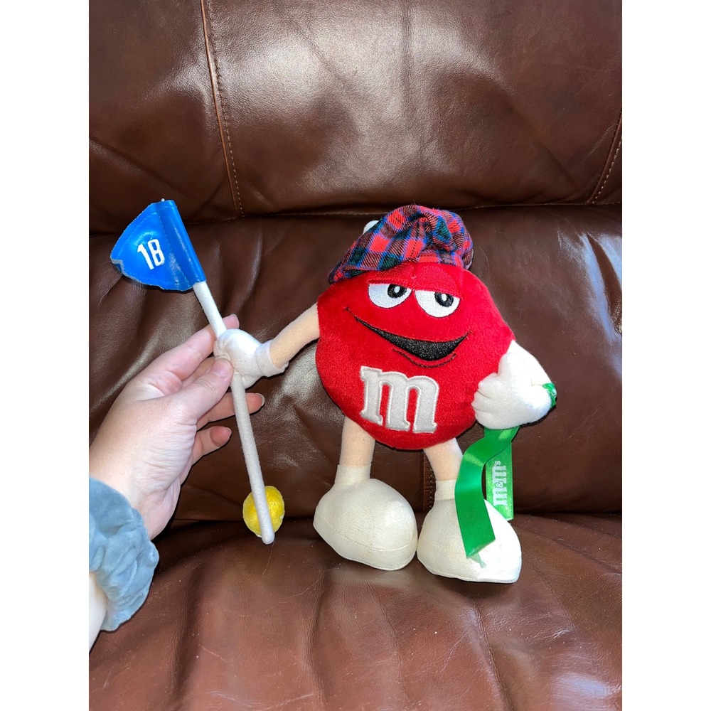 M&M Red Character Golf Plush‎ Toy with Plaid Hat and Flag 18